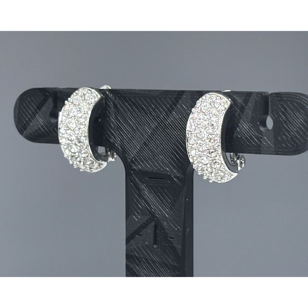 Vintage Swarovski Clip On Earrings Crystal Pave Huggie Hoop Silver Tone Swan